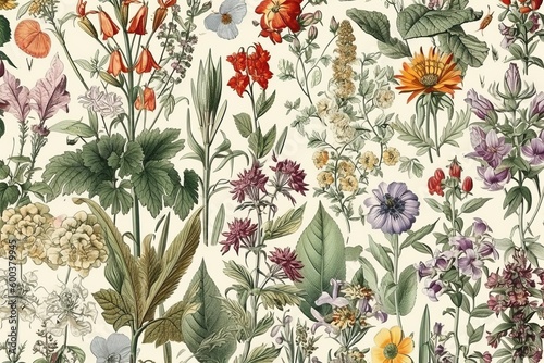 Floral vintage botanic style pattern, generative ai