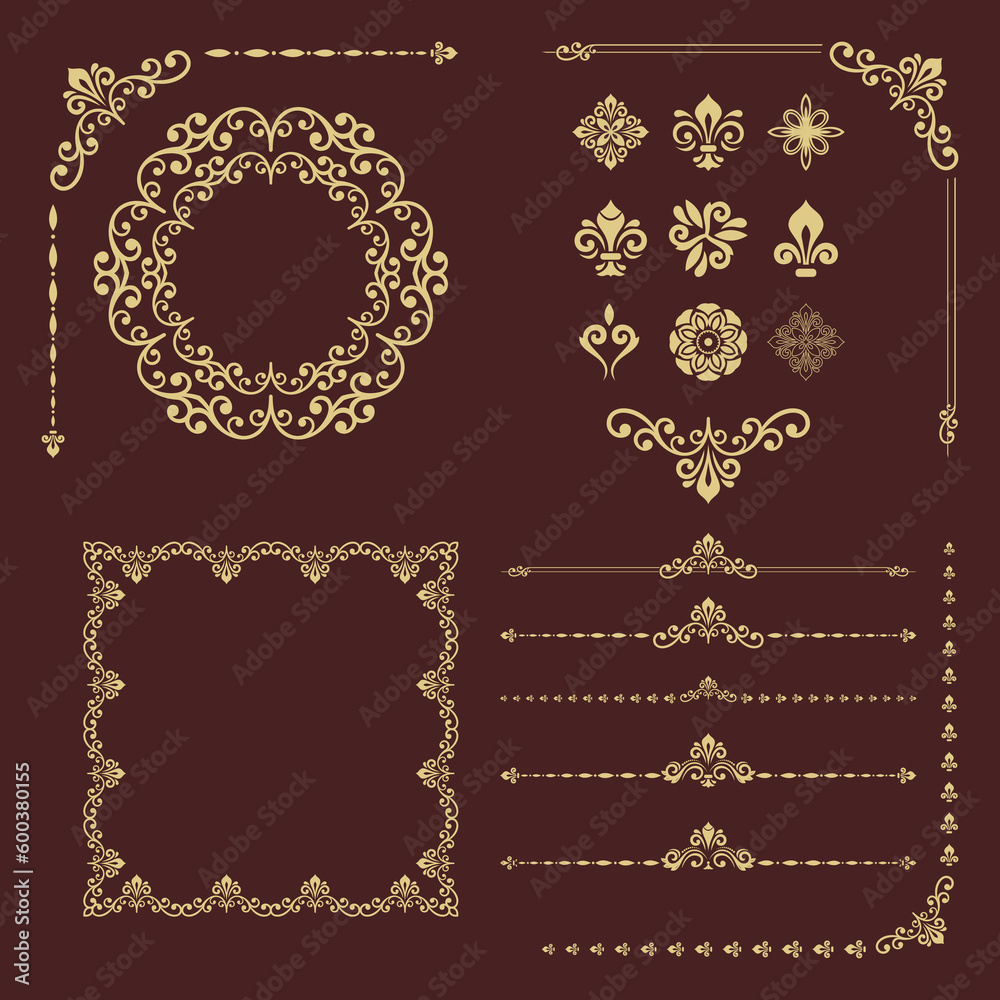 Vintage set of horizontal, square and round elements. Brown and golden elements for backgrounds, frames. Classic patterns. Set of vintage patterns