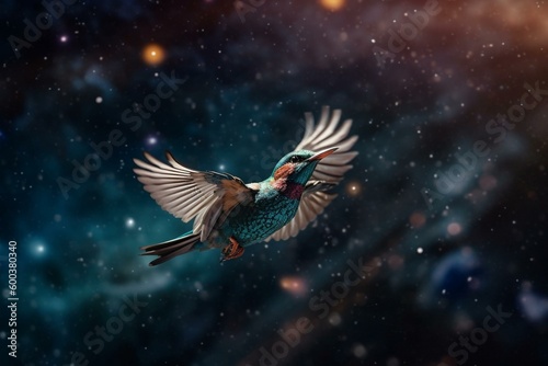 A colorful bird flying amidst planets in the background with a starry foreground. Generative AI