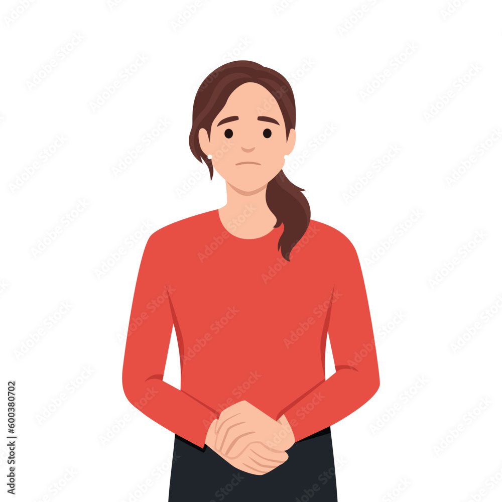 Feeling worried and frustration concept. Young irritated frustrated woman cartoon character standing touching chick looking at camera. Flat vector illustration isolated on white background - obrazy, fototapety, plakaty 