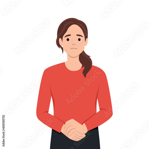 Feeling worried and frustration concept. Young irritated frustrated woman cartoon character standing touching chick looking at camera. Flat vector illustration isolated on white background