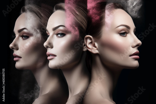 A woman's face is shown with different shades of pink and purple. AI generation
