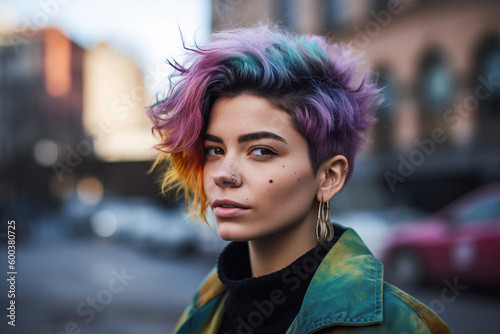 A woman with a rainbow haircut stands in front of a city street AI generation © Tatiana