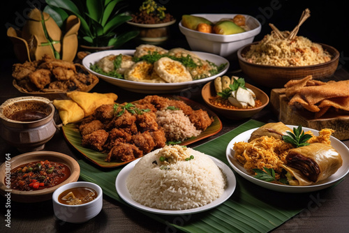 A table full of food including chicken, rice, and other food. AI generation photo