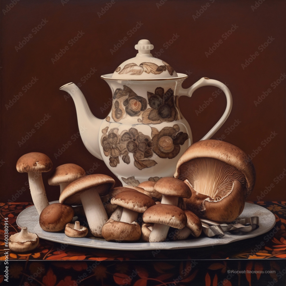 A teapot with mushrooms on it and a mushroom on the bottom. AI generation