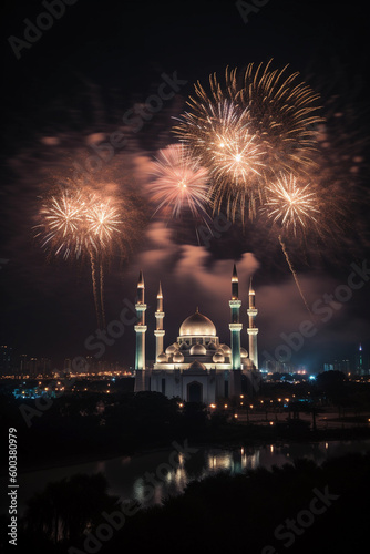 Fireworks over a mosque in the night AI generation