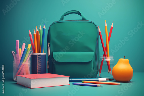 A green backpack with a book on it next to a cup of pencils and a pencil. AI generation