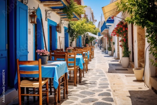Greek island, traditional white and blue greek architecture, alley with taverna cafe table ssetting, ai generative