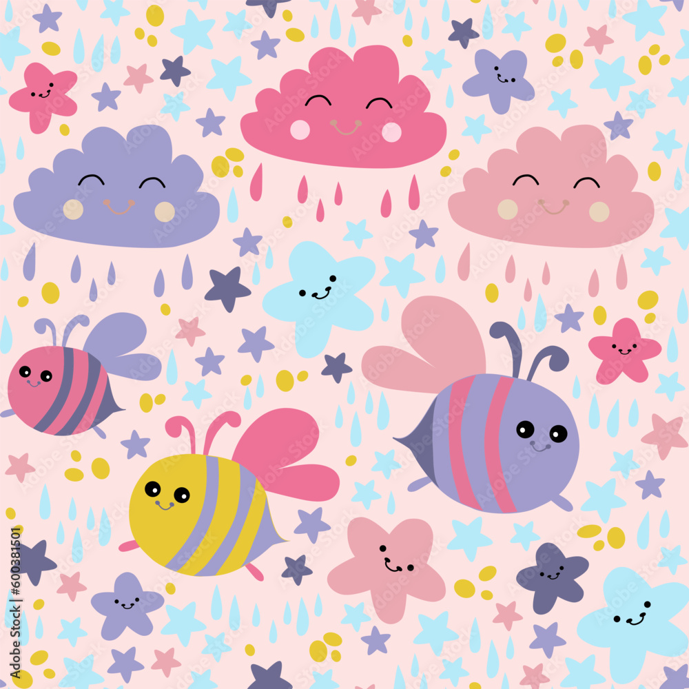 Cute colorful cloud smiling face seamless pattern background with bee.