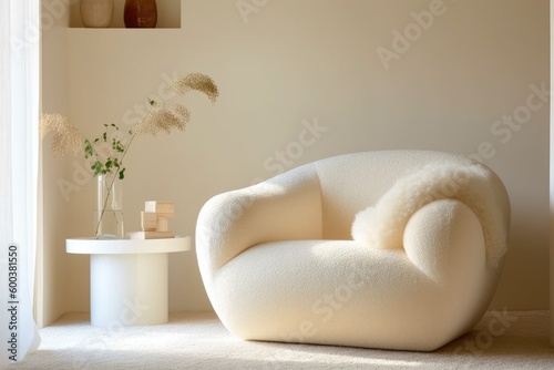 White boucle trendy arm-chair in the white interior scene, ai generative photo