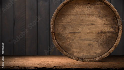  Old wooden barrels in a warehouse on a wooden background. High quality photo
