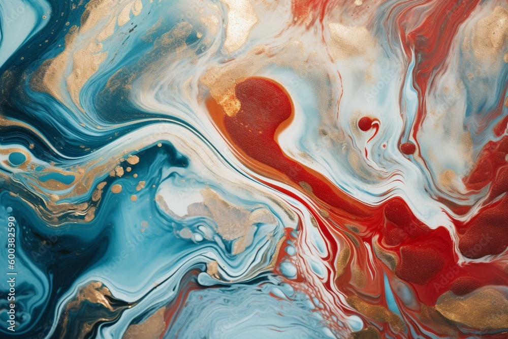 Abstract art with marble swirls, agate ripples, and gold glitter in red and pale blue. Luxury natural texture. Generative AI