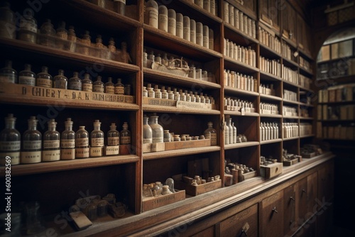 Vintage pharmacy shelves made with modern methods. Generative AI