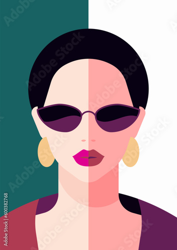 Trendy female portrait pop art color face in sunglasses poster t shirt print card vector flat