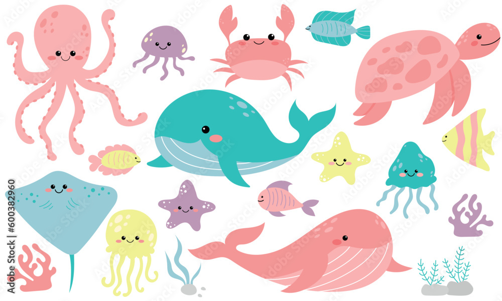 Fototapeta premium Vector cute set with sea animals and algae. Marine collection with whale, octopus, fish, crab, jellyfish, turtle, starfish and stingray. Inhabitants of the sea world in flat design. Cute sea animals.