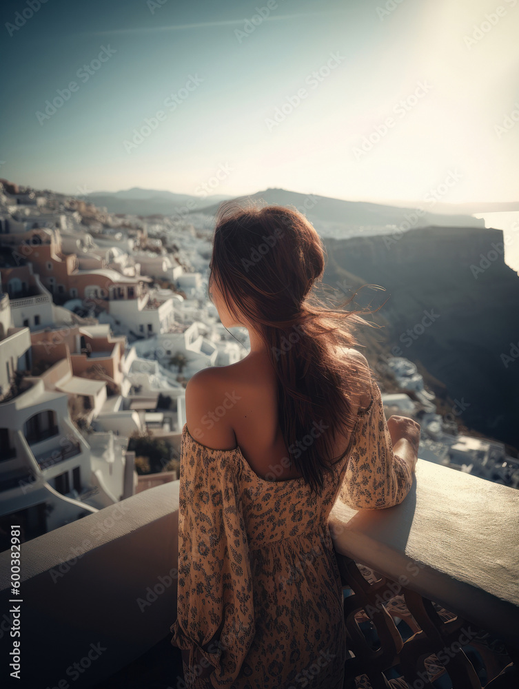 Tourism in Europe. Back view of young woman looking stunning landscape in the picturesque Island, Greece. AI generative Tourism in Europe. Back view of young woman looking stunning landscape in the picturesque Island, Greece. AI generative