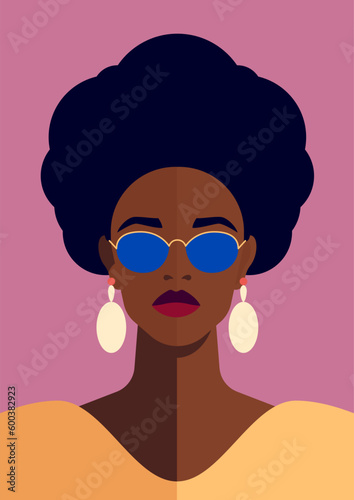 Fashion black woman face in blue sunglasses pop art contemporary poster vector flat illustration