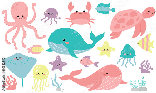 Vector cute set with sea animals and algae. Marine collection with whale, octopus, fish, crab, jellyfish, turtle, starfish and stingray. Inhabitants of the sea world in flat design. Cute sea animals.