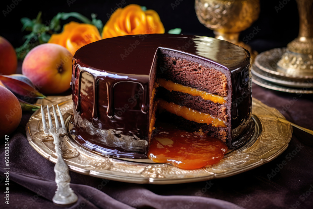 Chocolate Sacher cake with apricot jam on wooden table. Traditional Austrian dessert. Ai generative