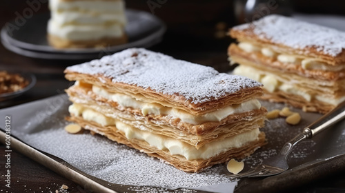 Mille-feuille: A French pastry made with layers of puff pastry and pastry cream, often topped with powdered sugar or a glaze. Generative AI Art Illustration