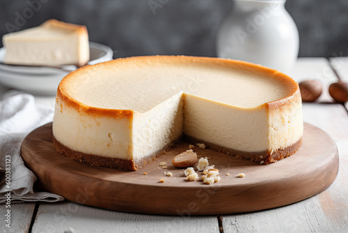 Classic cheesecake on wooden table. Ai generative photo