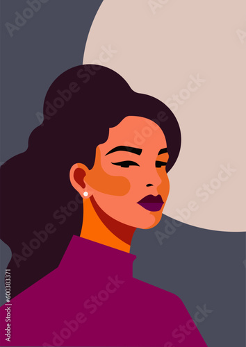 Strong power woman with retro hair pop art minimal poster with abstract background vector flat