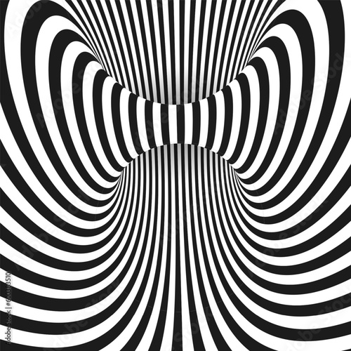 Abstract optical illusion. Hypnotic spiral tunnel with black and white lines. Vector illustration.