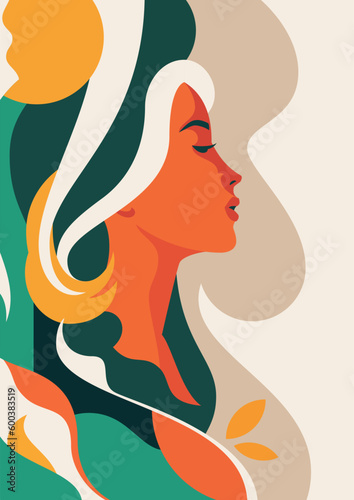 Abstract woman portrait art pastel color curved silhouette artwork paint poster vector flat