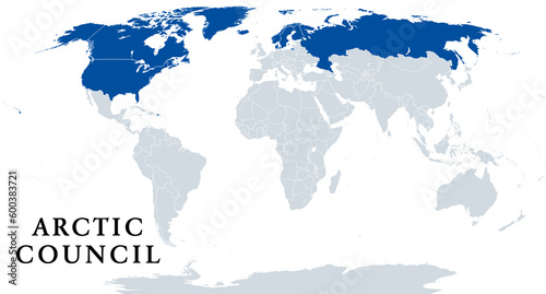 Arctic Council, member countries, political map. Forum of governments and indigenous people within the Arctic Circle. Canada, Denmark, Finland, Iceland, Norway, Russia, Sweden, and the United States.