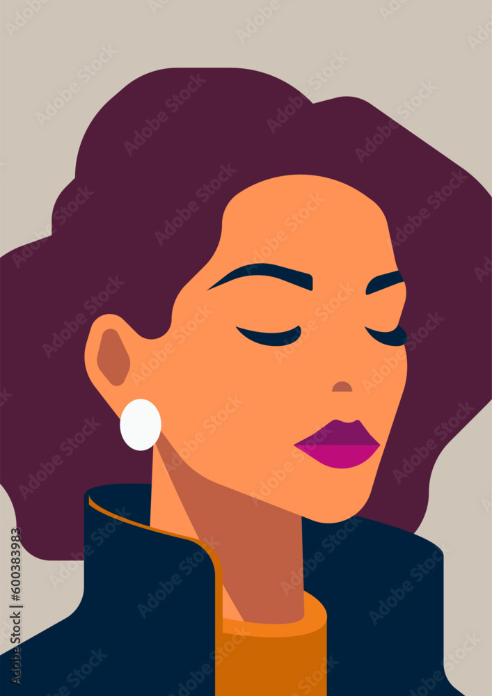 Fashion strong woman portrait beauty face retro hair bright lips pastel color poster vector flat