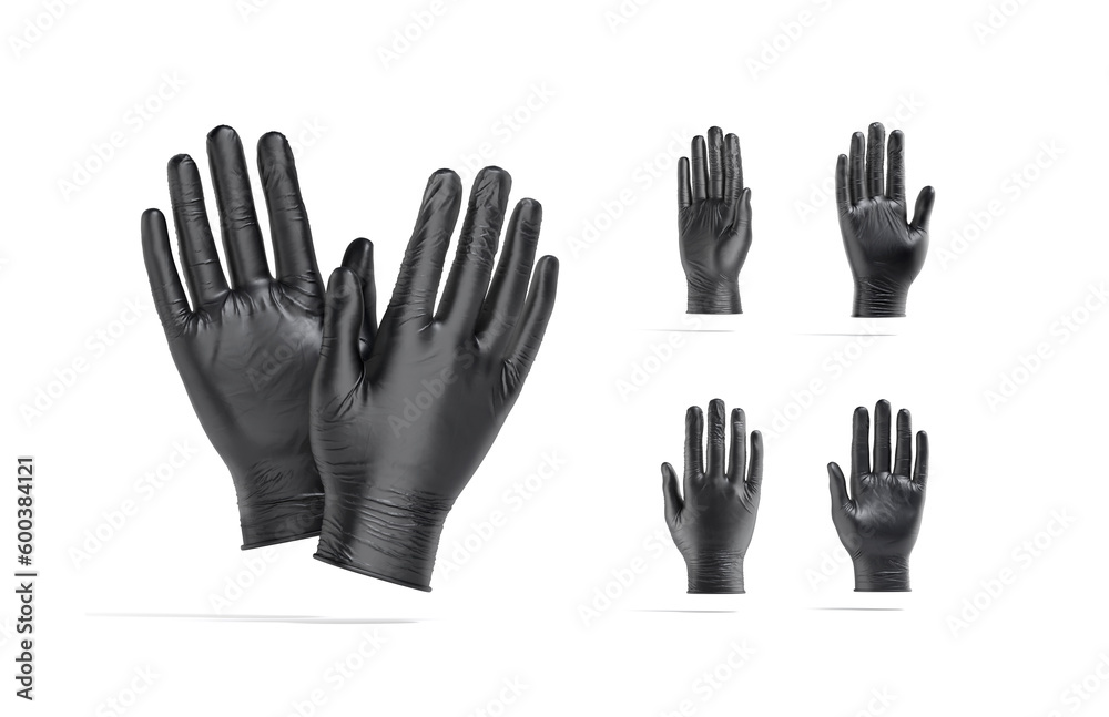 Blank black rubber gloves palm mockup, different views Blank black rubber gloves palm mockup, different views