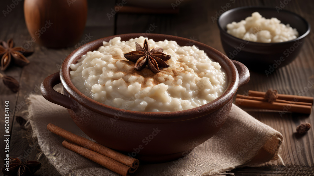Rice pudding: A creamy dessert made with cooked rice, milk, sugar, and often flavored with vanilla or cinnamon. Generative AI Art Illustration Rice pudding: A creamy dessert made with cooked rice, milk, sugar, and often flavored with vanilla or cinnamon. Generative AI Art Illustration