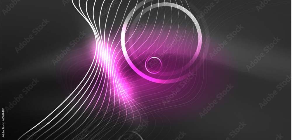 Neon laser lines, circles waves abstract background. Neon light or laser show, electric impulse, power lines, techno quantum energy impulse, magic glowing dynamic lines