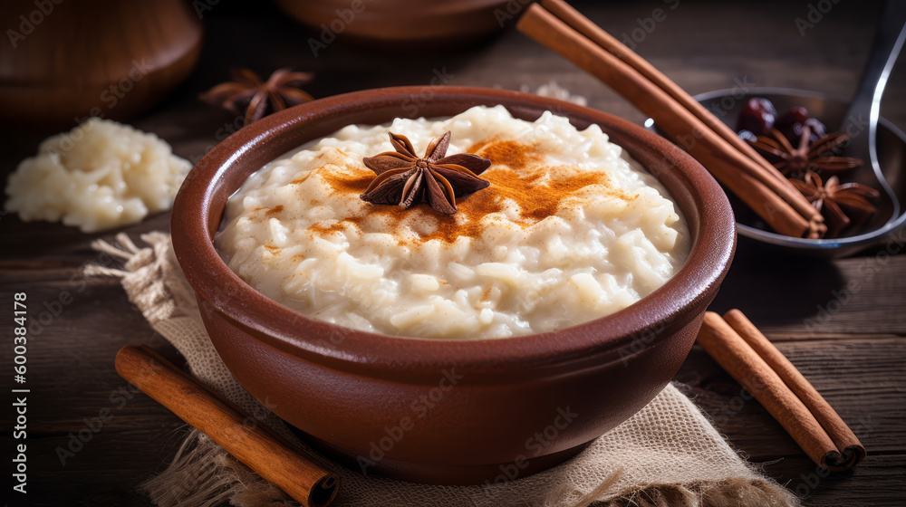 Rice pudding A creamy dessert made with cooked rice, milk, sugar, and