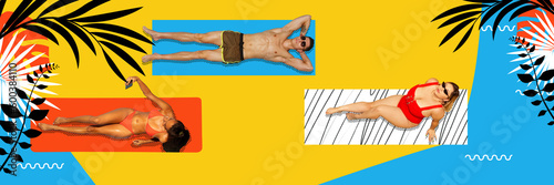 Summer recreation. Pop art with happy people women and man wearing swimsuit lying on sunbed and taking sunbath over oceanside background. Concept of traveling, vacation, party, fashion, beauty, ad