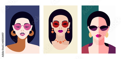 Modern female different ethnic culture fashion pop art portrait minimal poster set vector flat