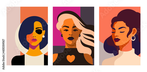 Trendy woman portrait pop art pastel paint color abstract geometric minimal poster set vector flat