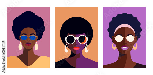 African American woman fashion pop art pastel color portrait minimal poster set vector flat