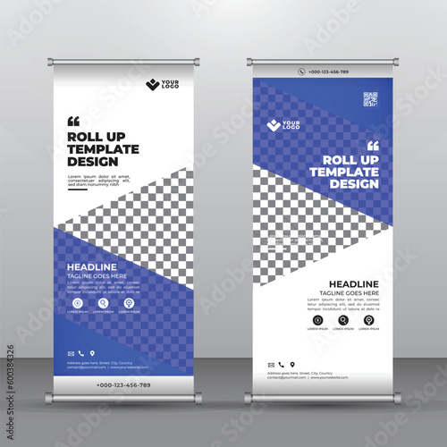 Blue Abstract Shapes Roll-Up Banner Design Vertical Template. vector, abstract geometric background, modern x-banner and flag-banner, rectangle size.