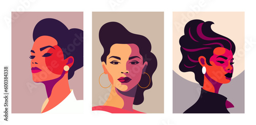 Strong independent woman portrait pop art paint color artwork poster set vector flat