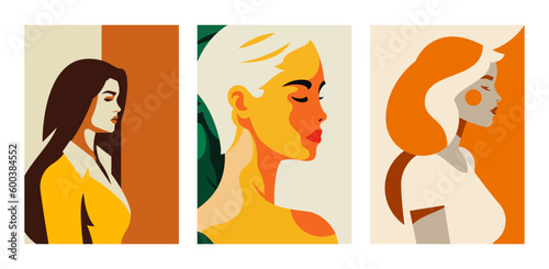 Autumn sunny woman pastel paint color abstract pop art portrait fashion poster set vector flat