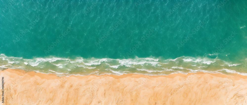 Ocean waves on the beach as a background. Beautiful natural summer vacation holidays background. Aerial top down view of beach and sea with blue water waves. Generative Ai