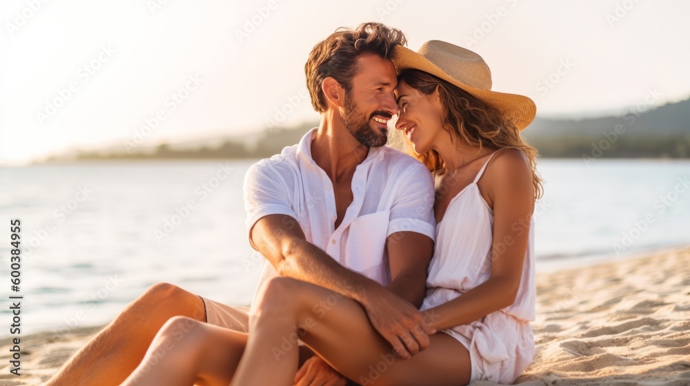 Couple enjoying romantic moment on beach. Generative AI. Couple enjoying romantic moment on beach. Generative AI.