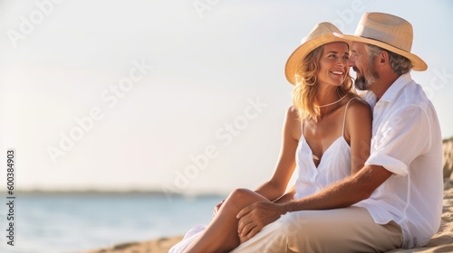 Couple enjoying romantic moment on beach. Generative AI. © GustavsMD