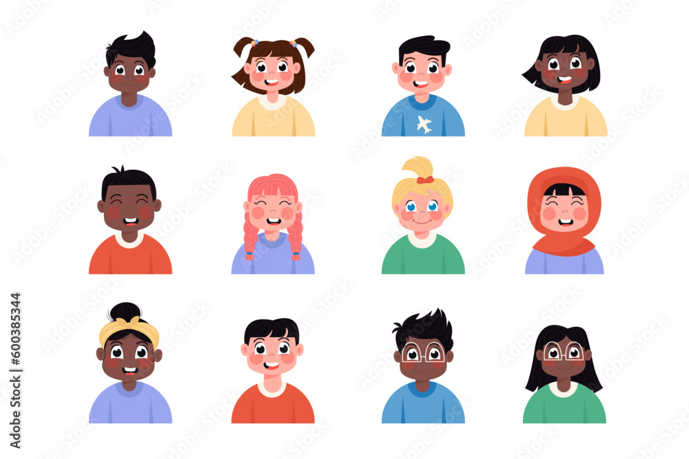 Flat style child avatars of happy children of international girls and boys Flat style child avatars of happy children of international girls and boys