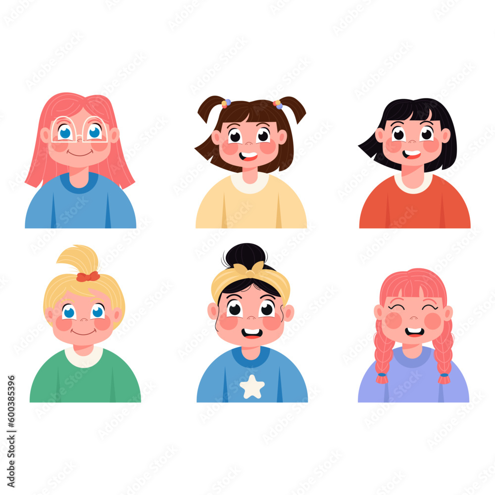 Child avatars of happy girls in flat style Child avatars of happy girls in flat style