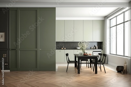 Luxurious Modern Kitchen with Blank Sage Green Wall Partition  Wooden Dining Table  Chairs  Cabinets  and Cupboards - Ai Generated.