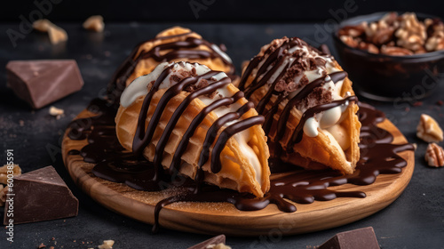 Choco tacos: A Mexican-inspired dessert made with a crispy waffle cone shell filled with ice cream and drizzled with chocolate sauce. Generative AI Art Illustration