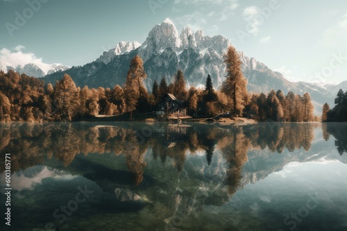 A view of lake with a mirrored image of mountain. Generative AI