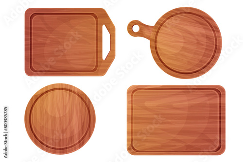 Set Cutting board wooden chopping desk top view in cartoon style isolated on white background. Wood shield, menu mockup